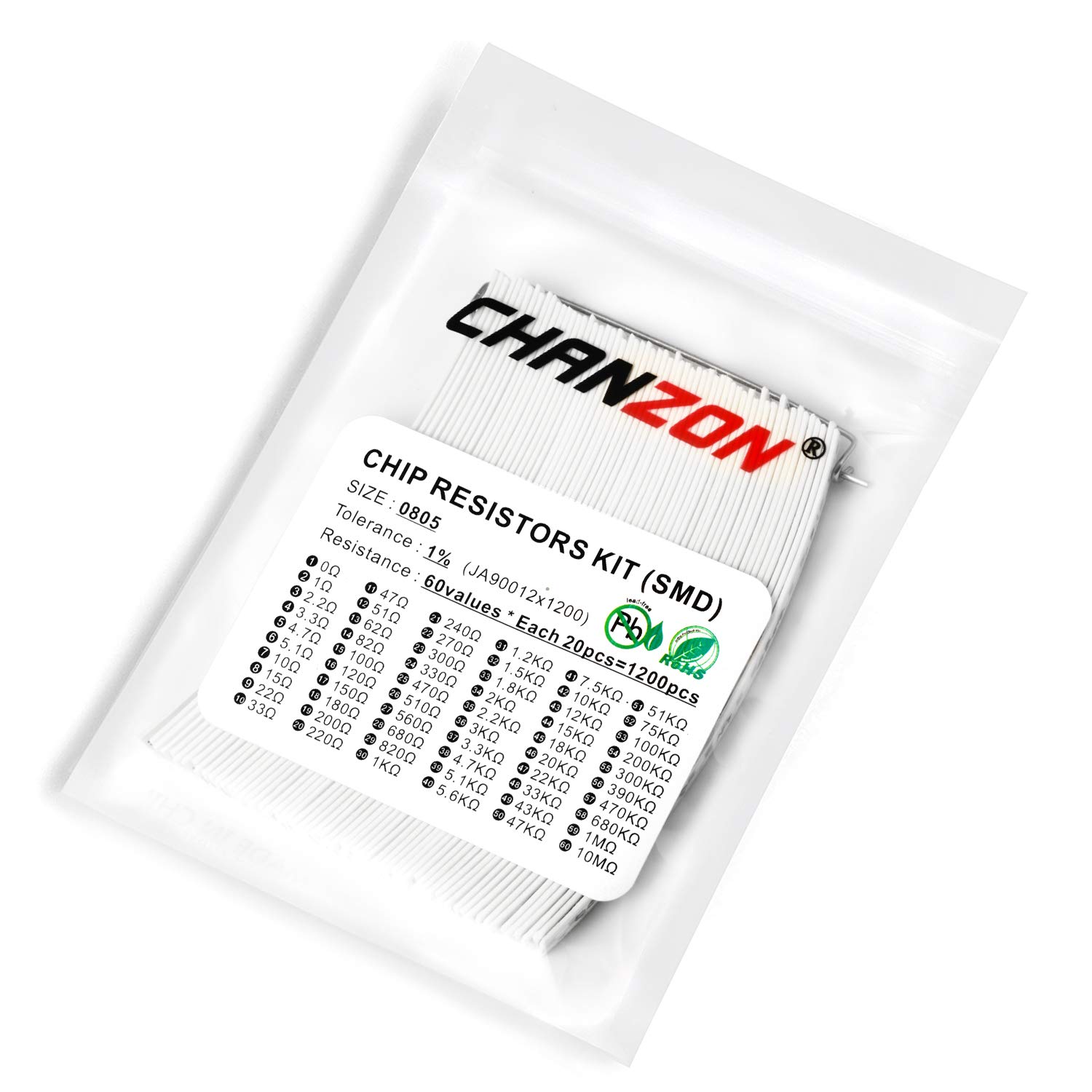 Chanzon 1200pcs 0805 SMD Resistor Kit 0-10M Ω ohm 60 Values (Each